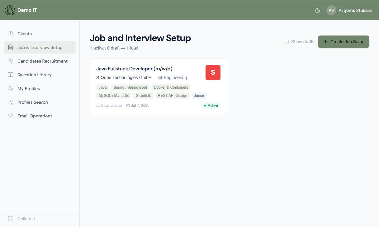 TestMeAI job and interview setup — role and skill tags