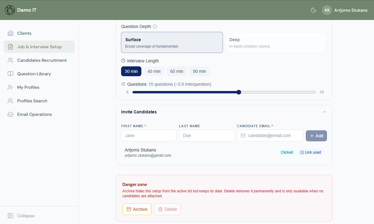 TestMeAI interview config — depth, length, invitations
