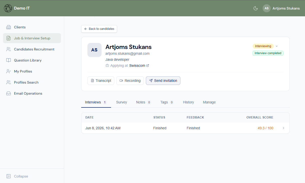 TestMeAI candidate view — interview status and overall score