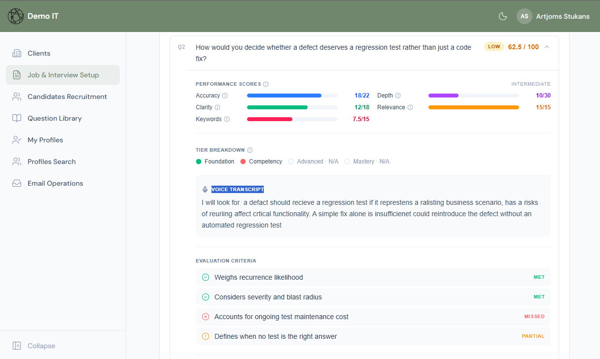 TestMeAI per-question scoring — transcript and evaluation criteria